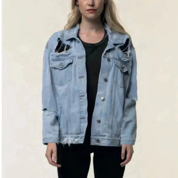 Urban Outfitters Neon Blonde Jean Jacket Light Wash Denim Distressed Blue XS - Picture 9 of 16
